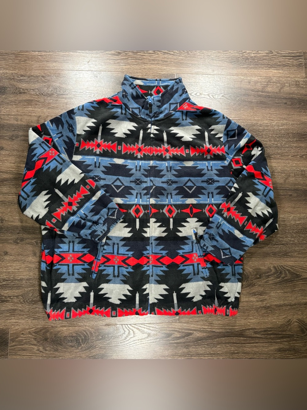 Aztec Print Zip-Up Fleece Jacket in Blue, Black & Red